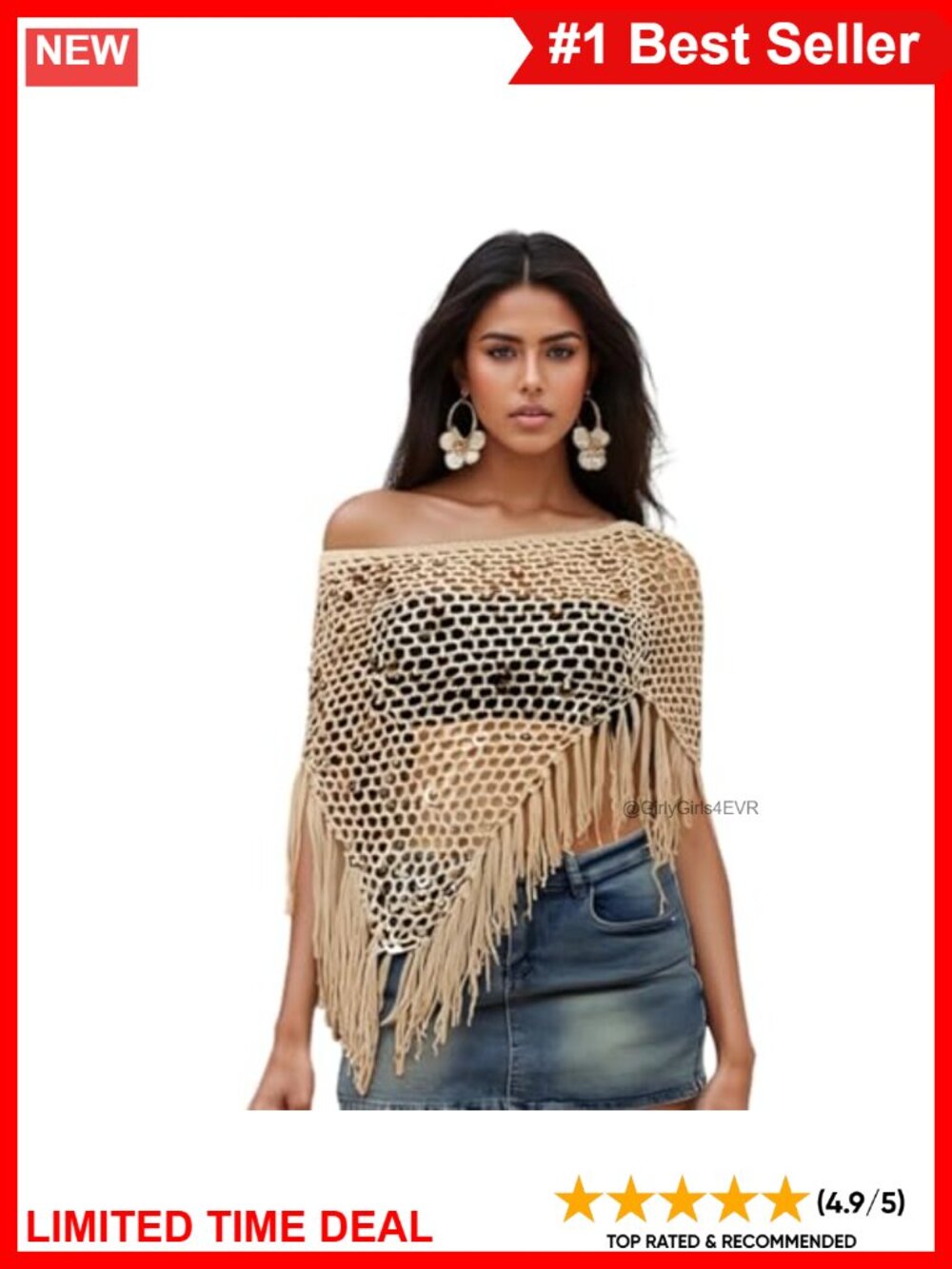 Boho Crochet Sequin Poncho Shawl Fringe Coverup